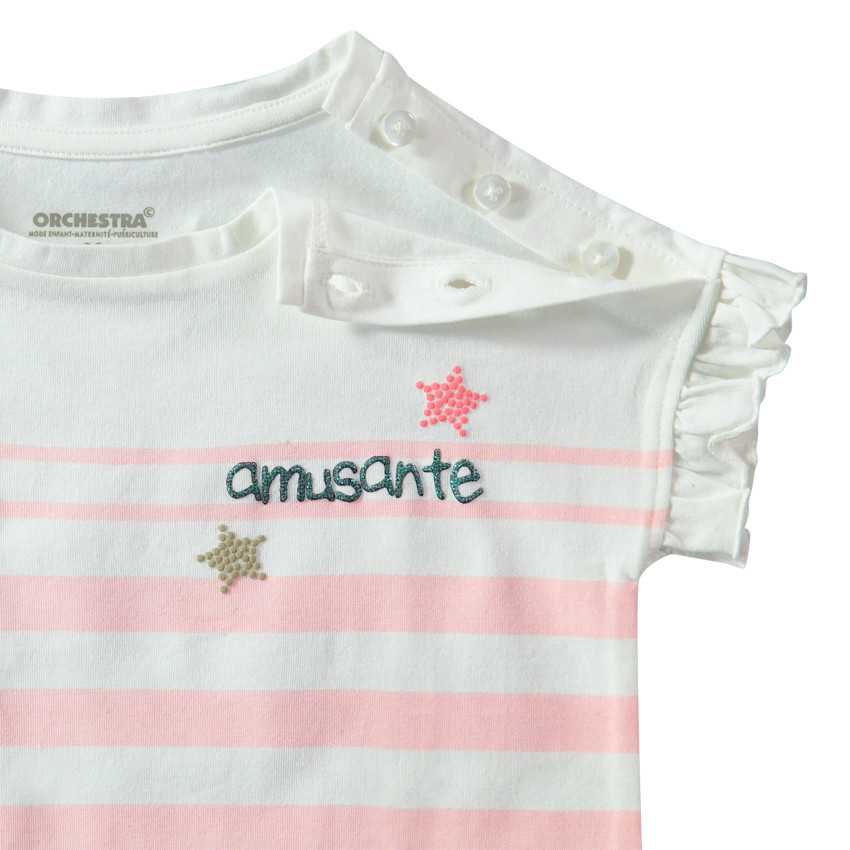 T-shirt manches courtes volantées avec rayures et ouverture boutonné 