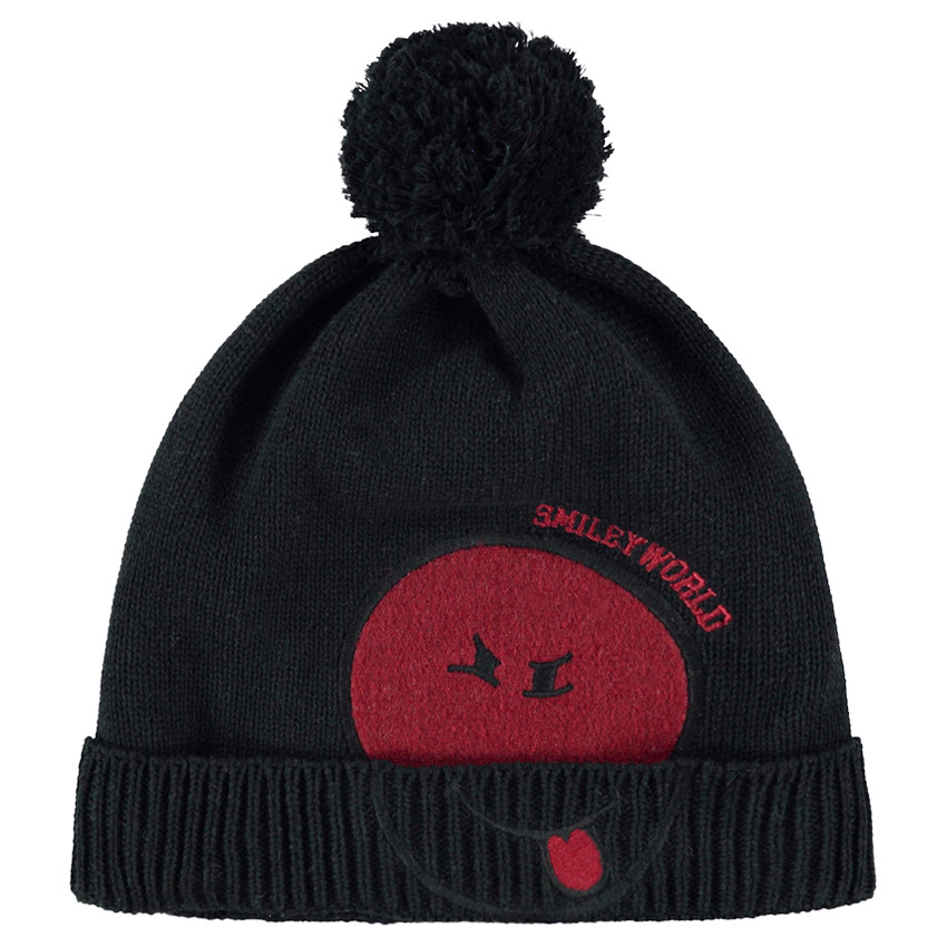 Bonnet en tricot avec pompon et patch Smiley en feutrine 