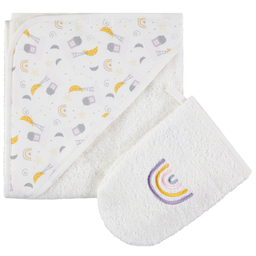 Set de bain avec capuche imprimée et gant avec arc-en-ciel brodé 