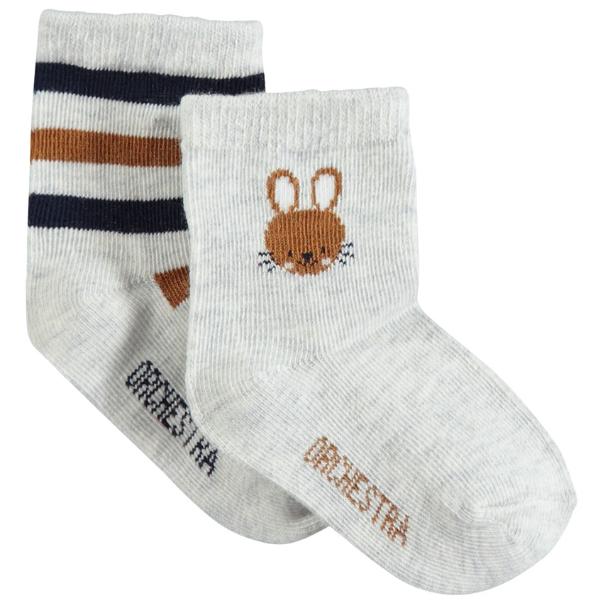Set met 2 paar bijpassende sokken met konijn van jacquard en strepen 