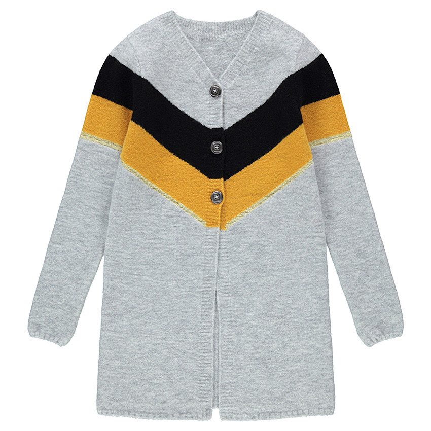 Junior - Gilet long en tricot chiné avec bandes contrastées 