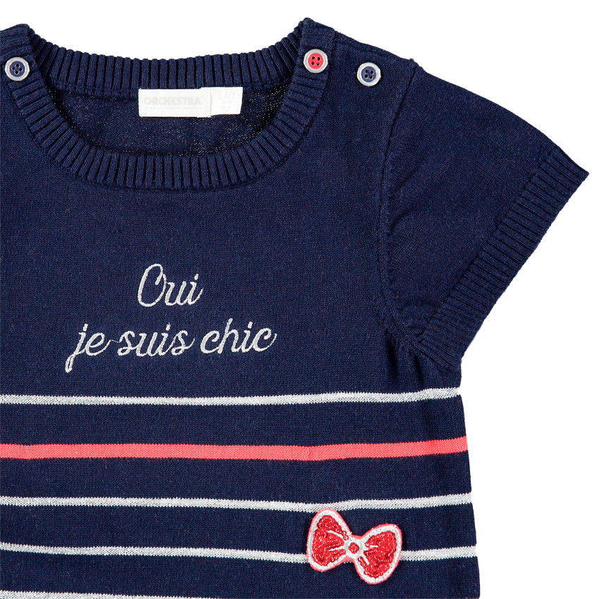Robe manches courtes en tricot avec message brodé et noeuds en sequins 