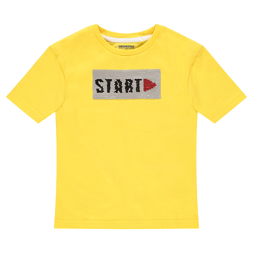 Tee-shirt manches courtes en jersey jaune avec message en sequins magiques 