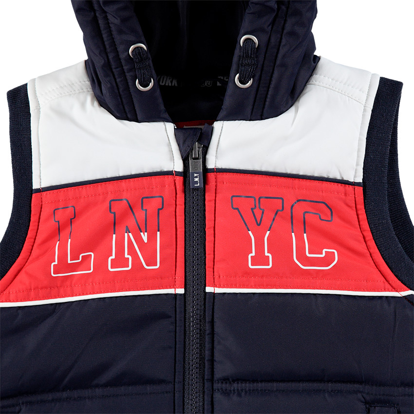 Doudoune sans manches matelassée à capuche avec inscriptions 