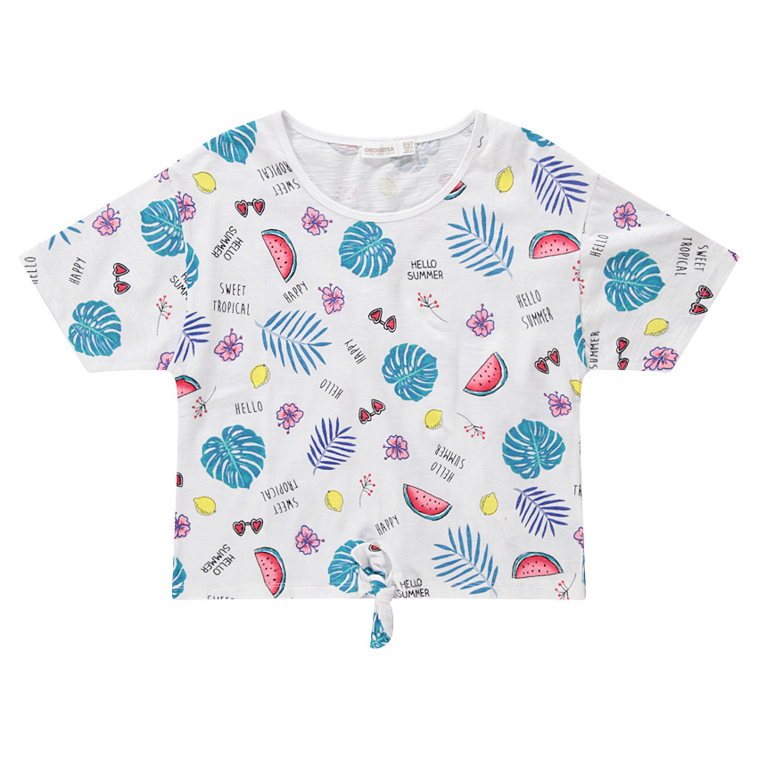 Junior - Tee-shirt manches courtes à imprimé tropical all-over et liens à nouer 