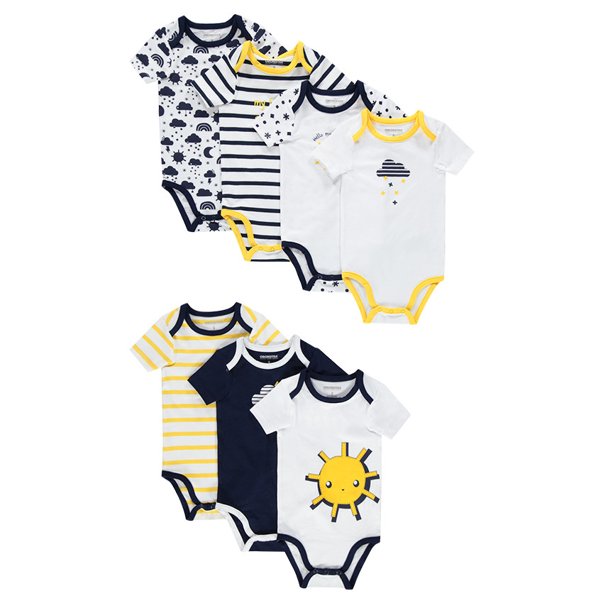 Lot de 7 bodies manches courtes en coton avec motifs et imprimés esprit marin 