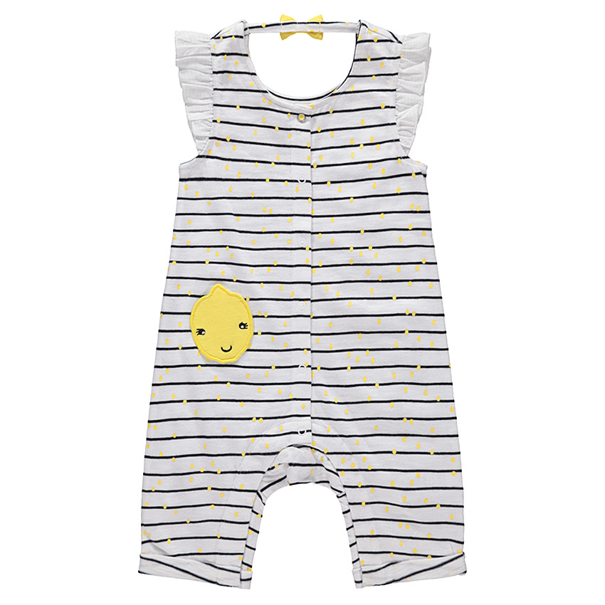 Combinaison courte à rayures et pois avec patch citron et noeud au dos 