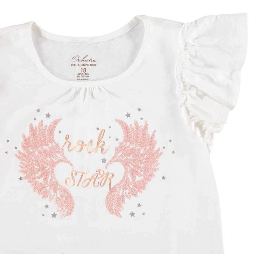 Junior - Tee-shirt manches courtes volantées avec ailes printées et sequins 