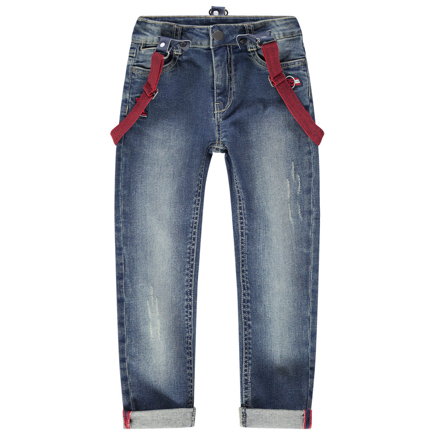 Jeans effet used avec bretelles élastiquées amovibles 