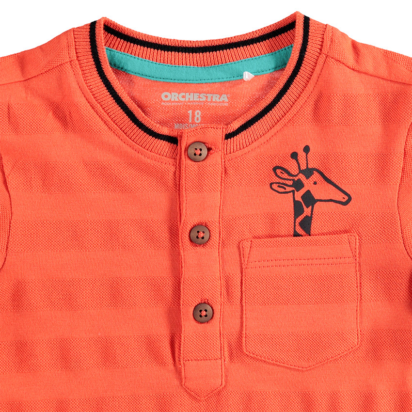 Polo manches courtes en coton orange avec poche et girafe printée 