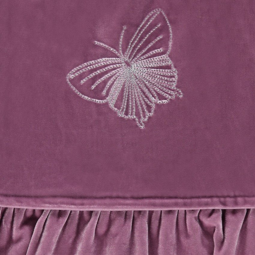 Robe manches courtes en panne de velours avec papillon brodé 