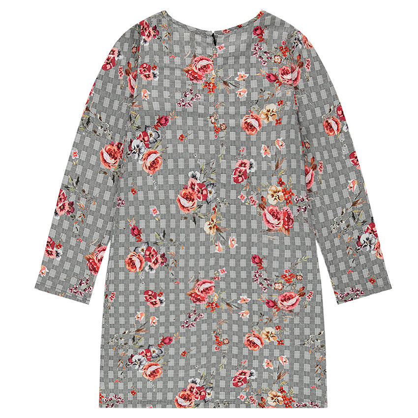 Junior - Robe manches longues à carreaux et fleurs all-over 