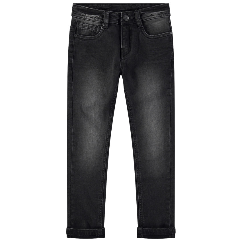 Jeans effet used et crinkle avec inscription en relief au dos 