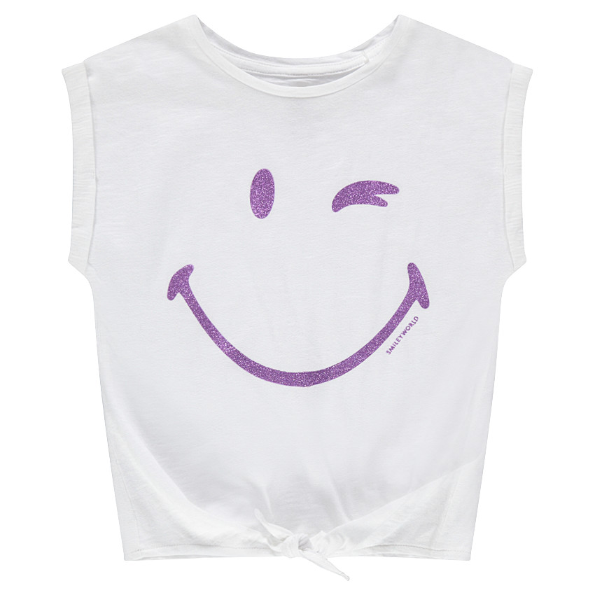 Tee-shirt manches courtes forme boîte print Smiley à paillettes 