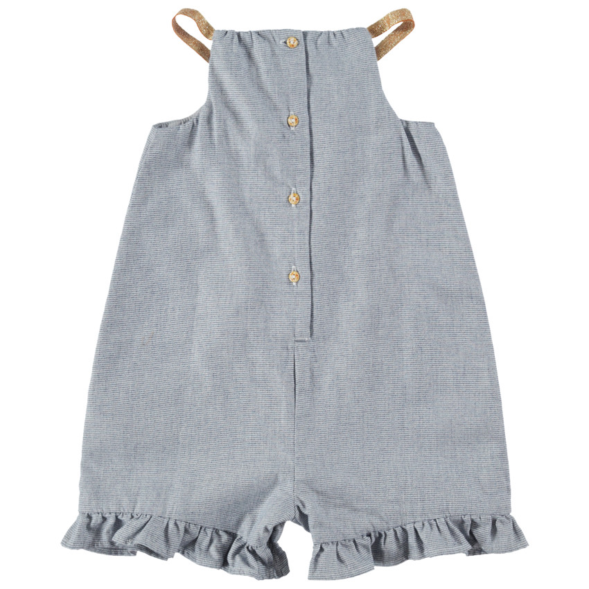 Salopette courtes en maille fantaisie à bretelles fines dorées et coeur patché 