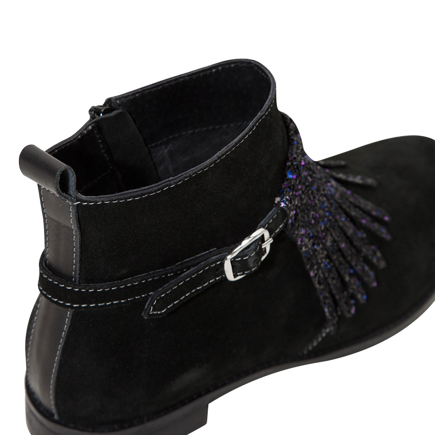 Bottines noires en cuir avec franges pailletées fantaisie 
