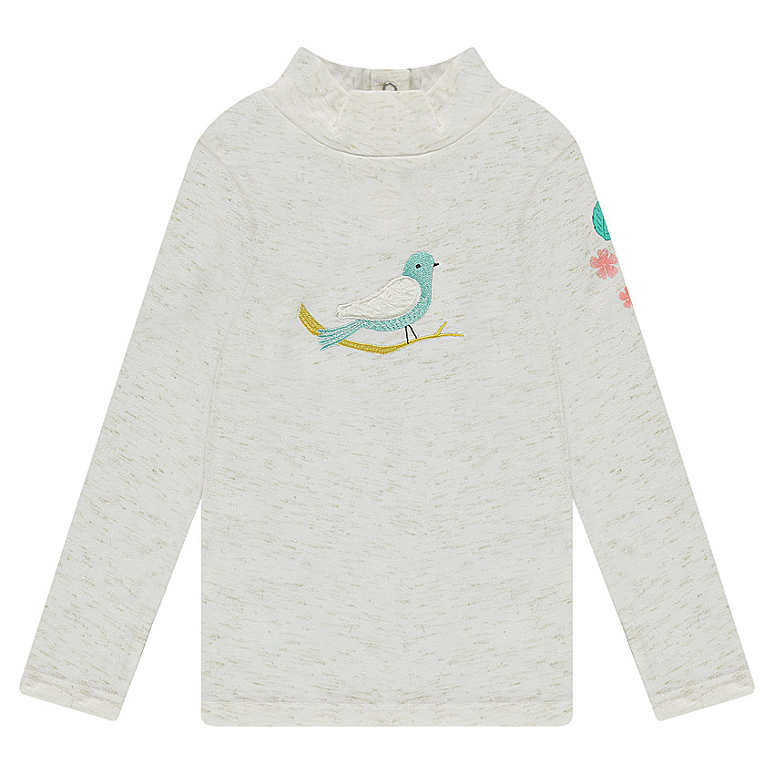 Sous-pull en jersey slub avec fil doré et oiseau brodé 