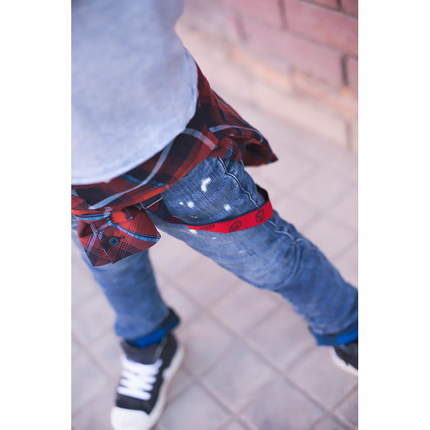 Jeans effet used doublé flanelle à carreaux avec bretelles amovibles 