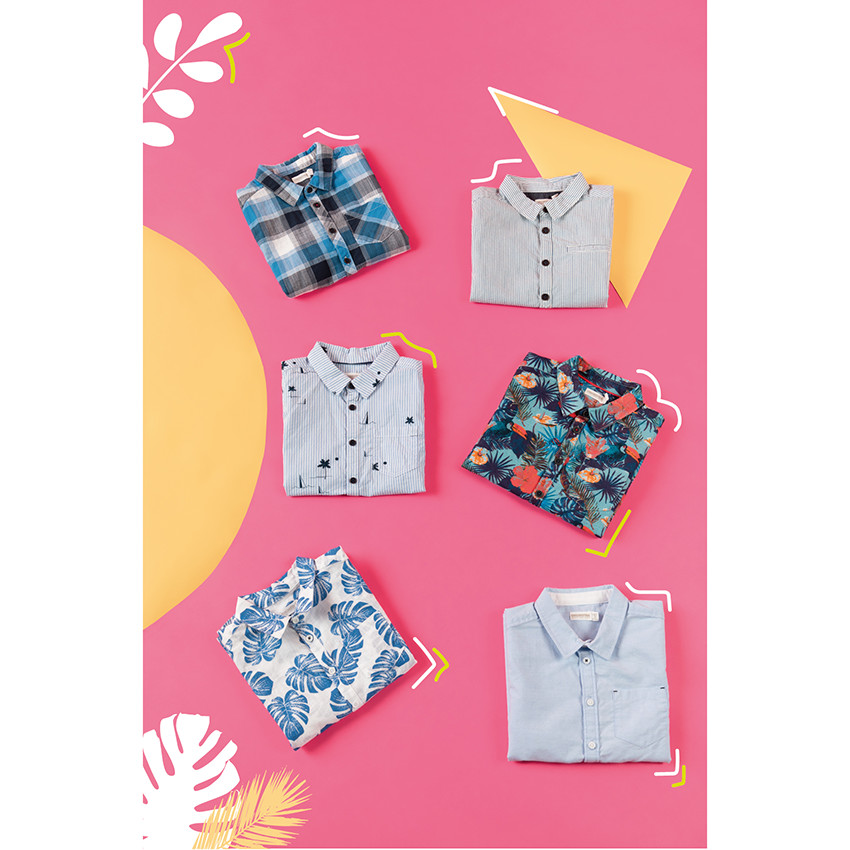 Chemise manches courtes à rayures et palmiers 