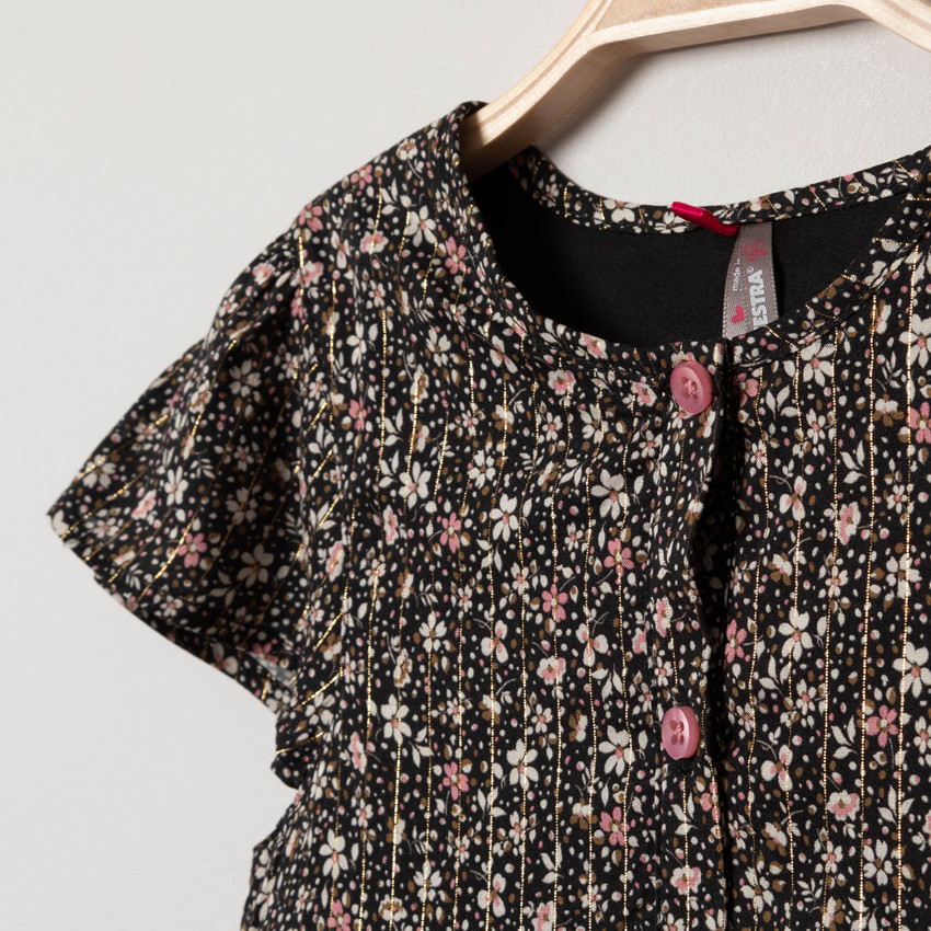 Robe manches courtes à fleurs all-over et rayures  