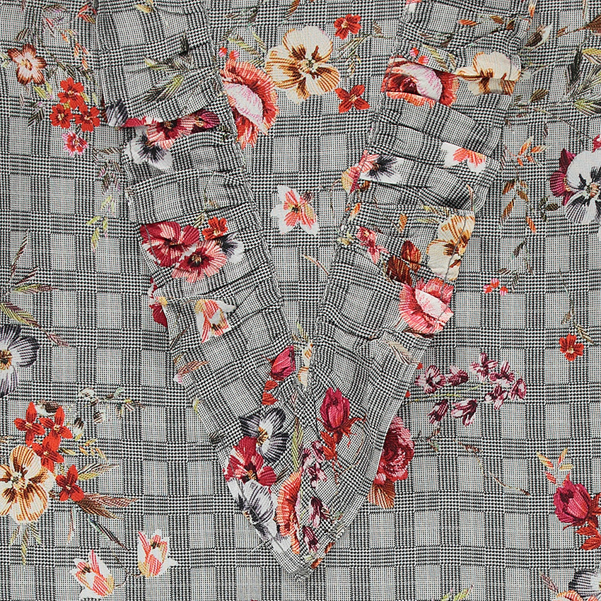 Junior - Robe manches longues à carreaux et fleurs all-over 