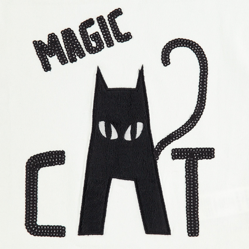 Tee-shirt manches longues avec sequins noirs et chat HALLOWEEN 