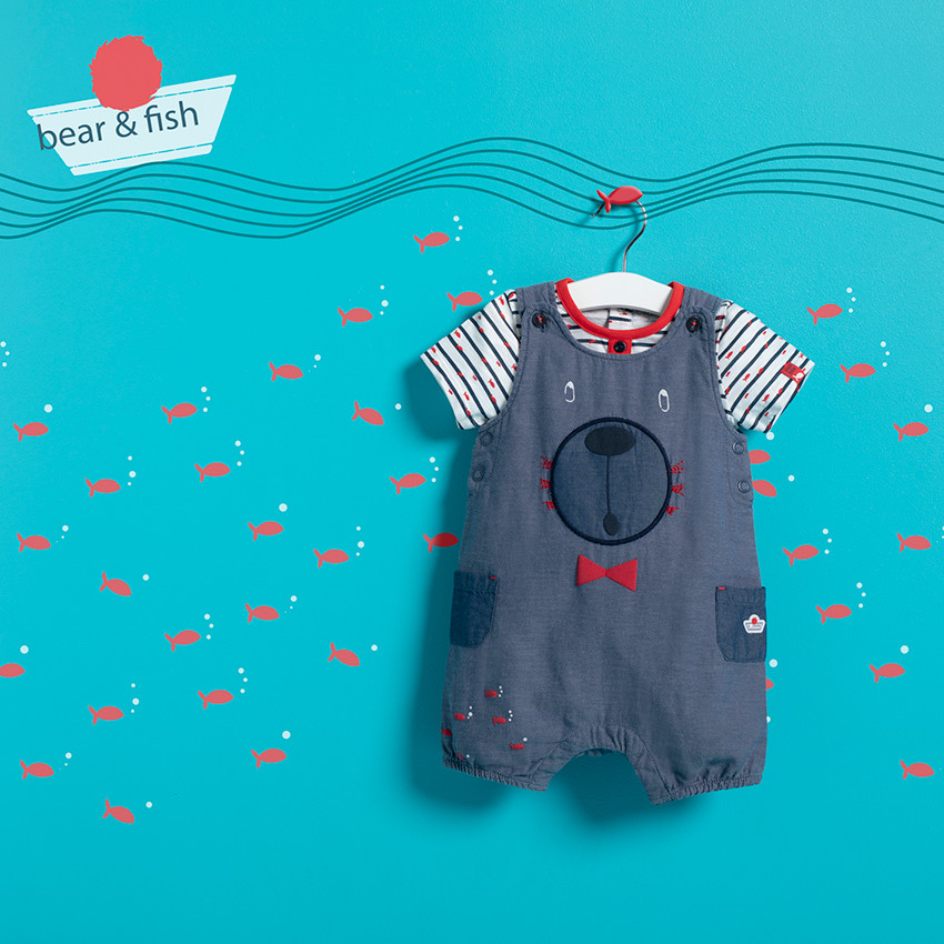 Combinaison courte avec ourson brodé et poches en chambray 