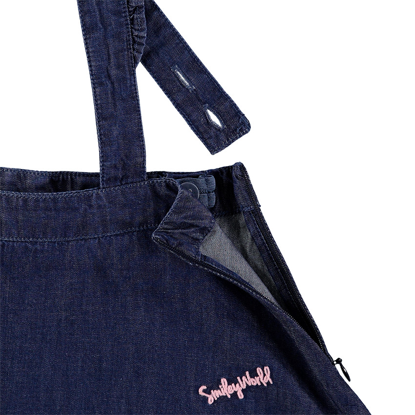 Robe-salopette en chambray avec bretelles volantées et Smiley brodé 