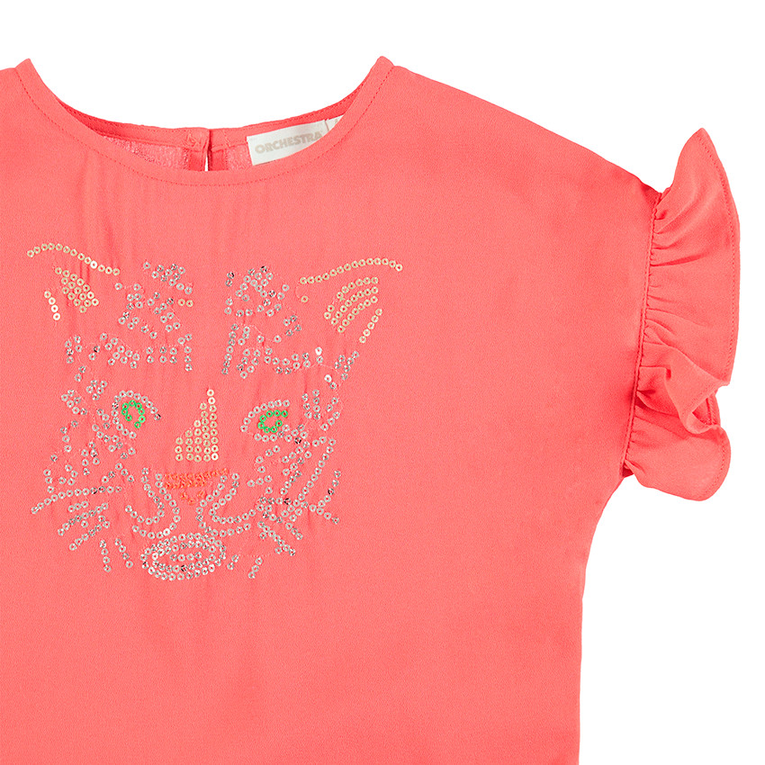 Top manches courtes en voile avec tigre en strass 