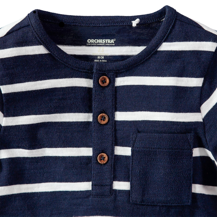 T-shirt manches longues rayé à poche et col boutonné 