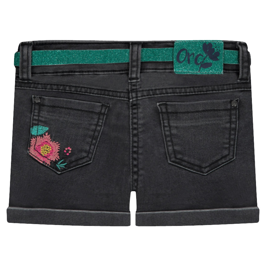 Short en jeans brodé avec ceinture pailletée 
