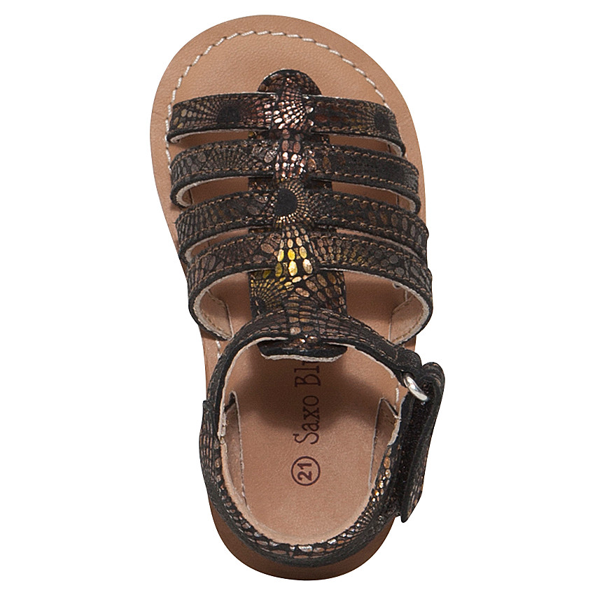 Nu-pieds noirs en cuir et imprimé fantaisie doré 