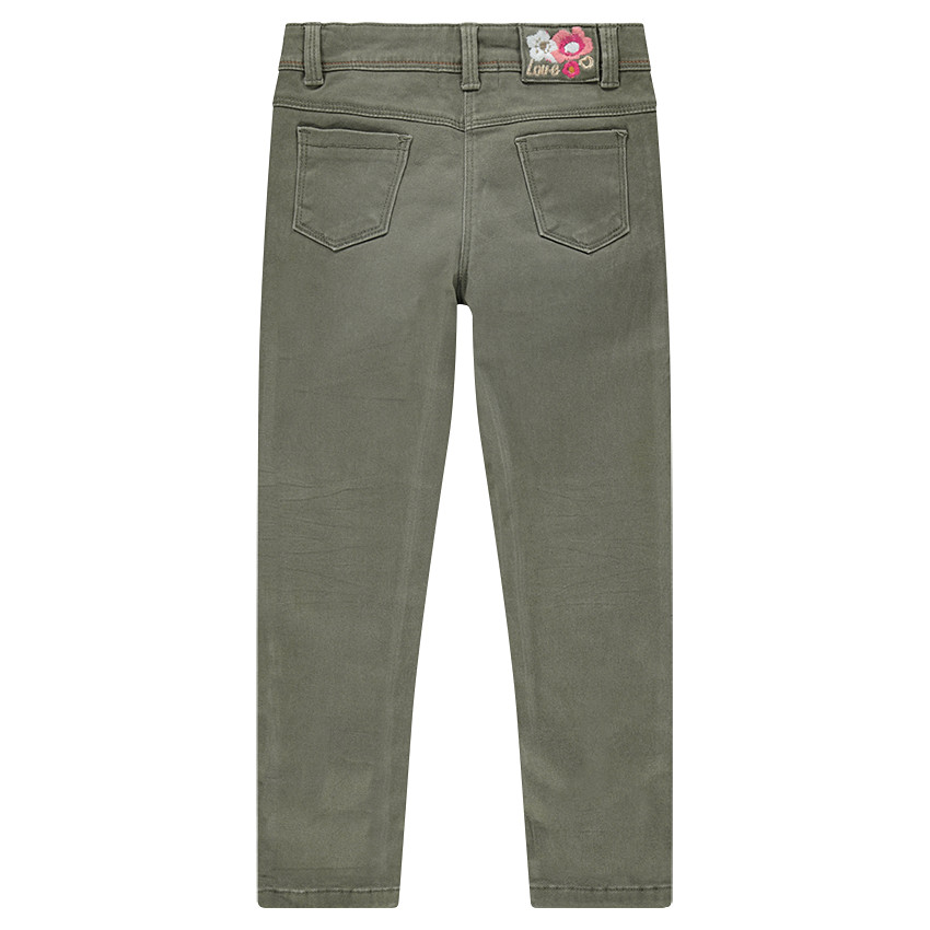 Jeans effet used kaki avec fleurs brodées 