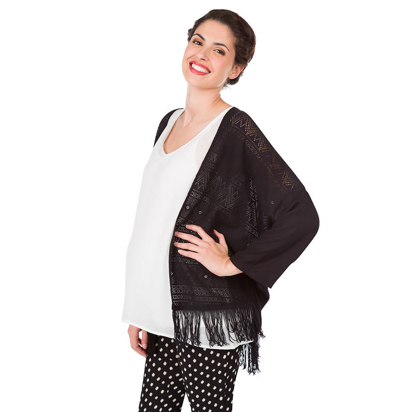 Kimono à motifs ajourés et franges  