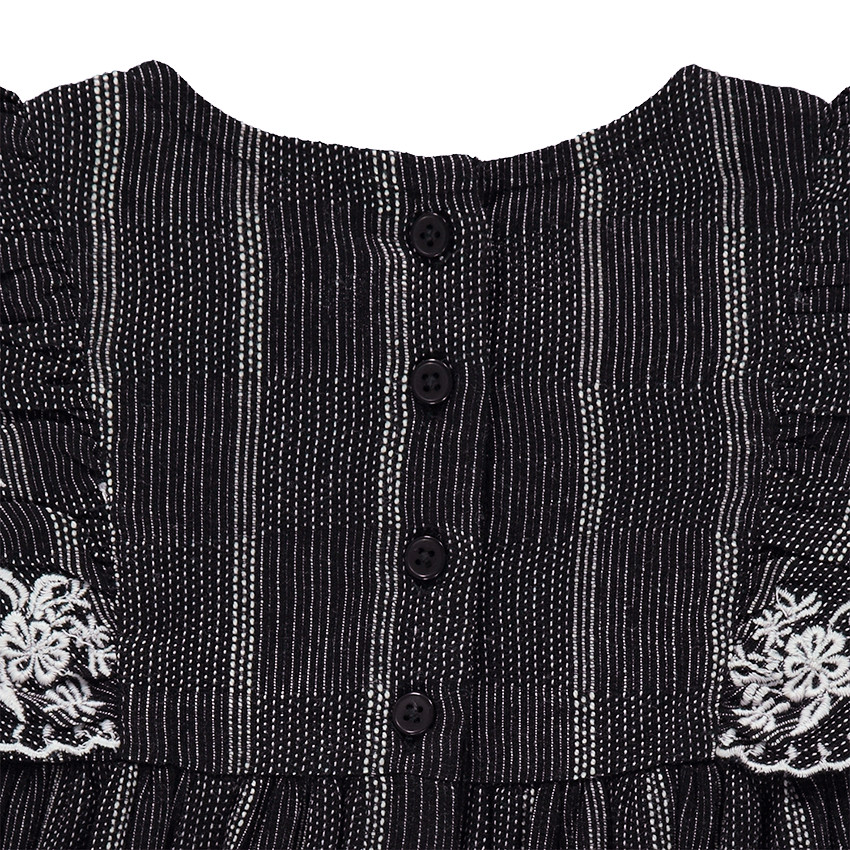 Robe à manches courtes volantées avec broderies et oiseau printé 