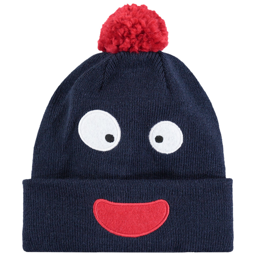 Bonnet en tricot avec bouche et yeux brodés 