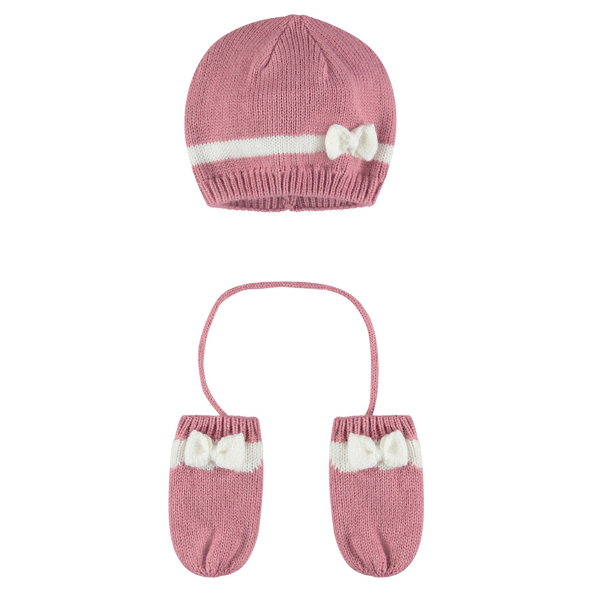 Ensemble bonnet et moufles avec noeuds fantaisie 