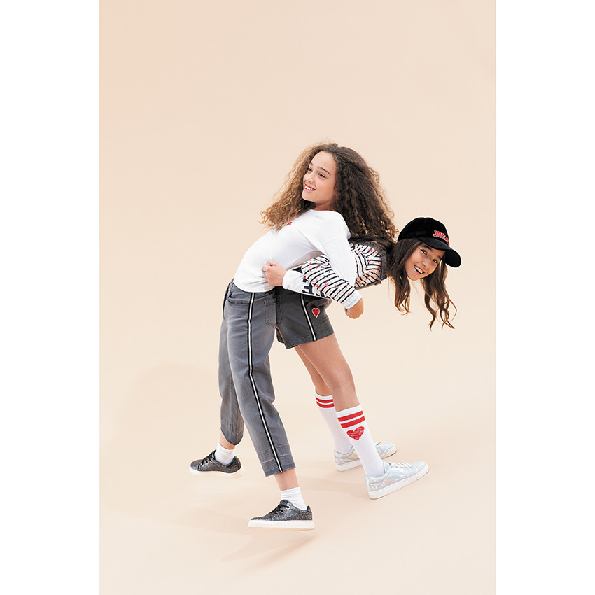 Junior - Robe salopette en jean effet used à badges et bandes argentées 