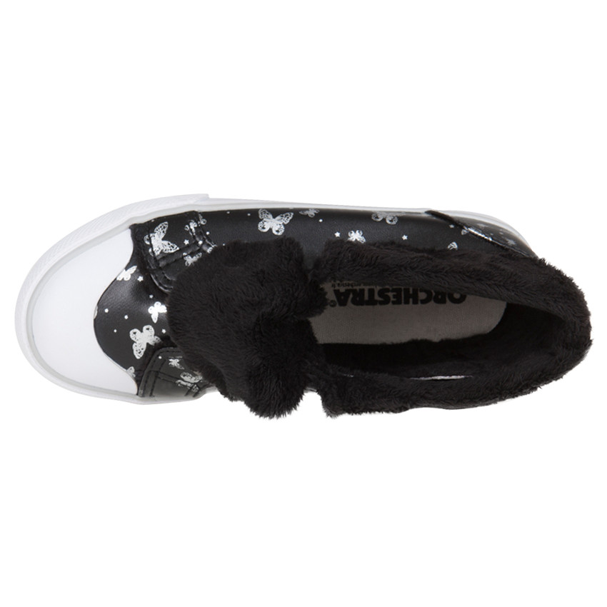 Baskets montantes noires imprimées papillons avec revers en sherpa 