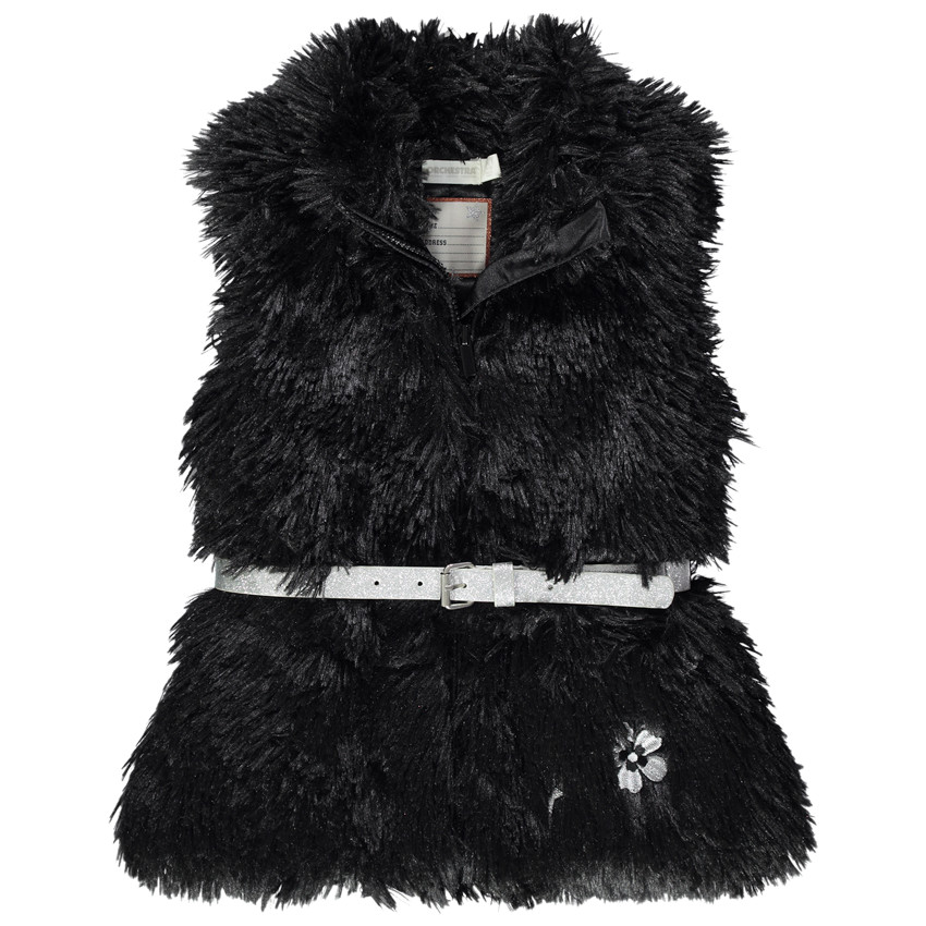 Gilet en fausse fourrure avec ceinture pailletée et fleur brodée 