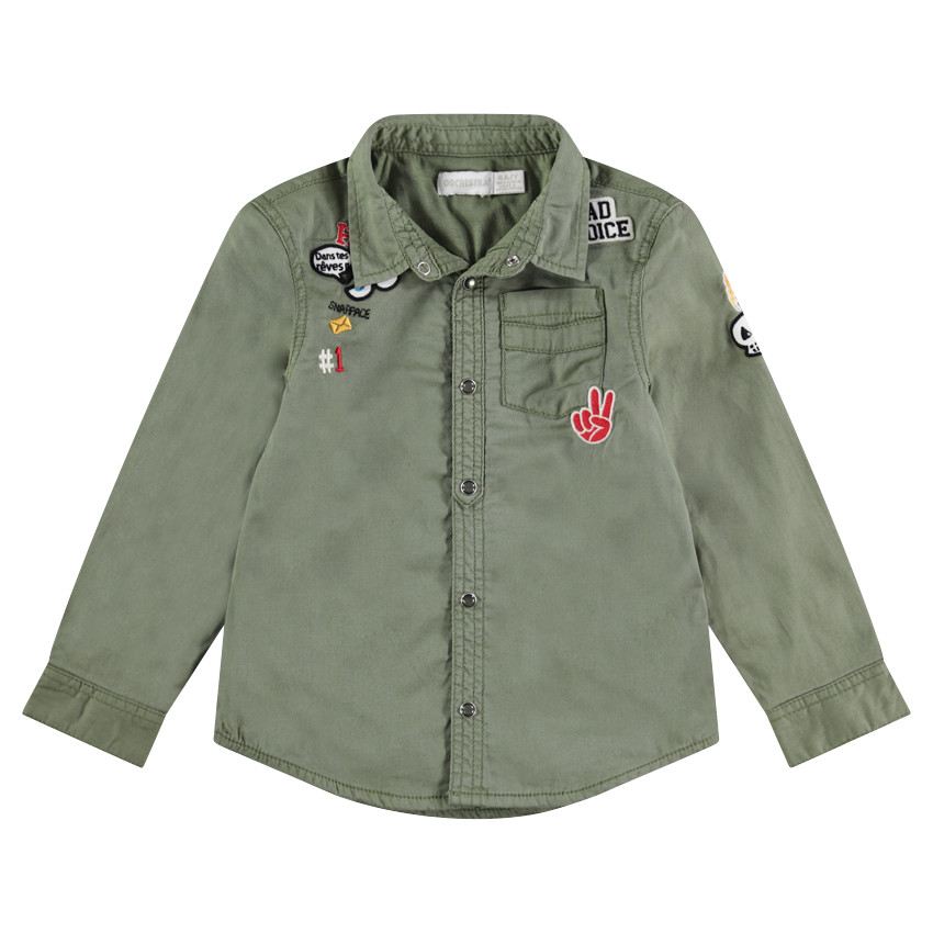 Chemise manches longues en coton surteint avec badges patchés 