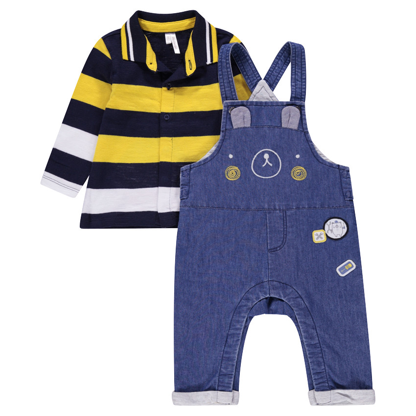 Ensemble polo manches longues rayé et salopette en chambray 