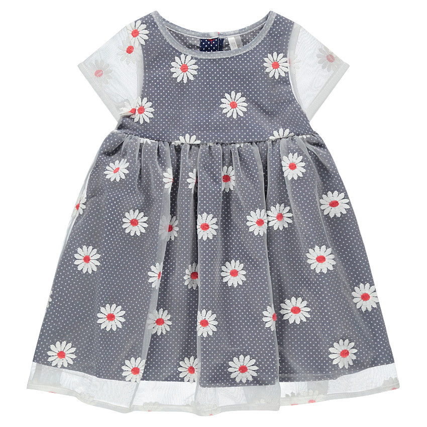 Robe manches courtes en tulle avec marguerites brodées all-over 