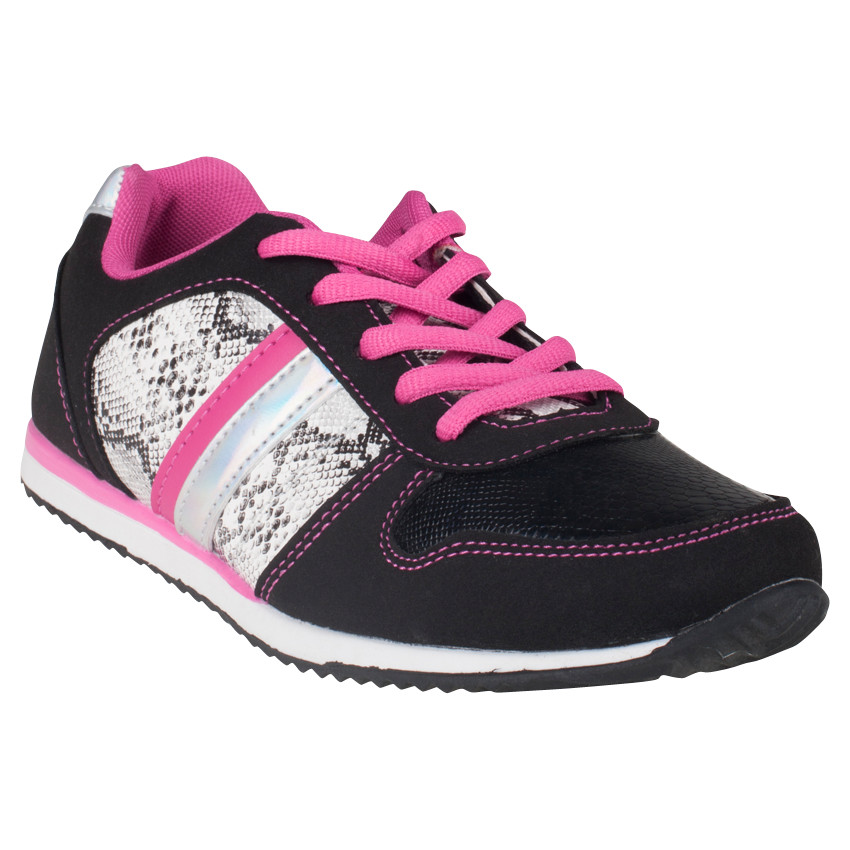 Baskets basses coloris noir et fushia détail effet serpent 