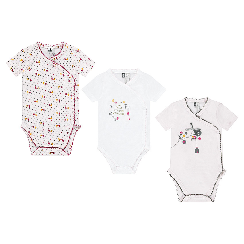 Lot de 3 bodies manches courtes en coton avec motifs fantaisie 