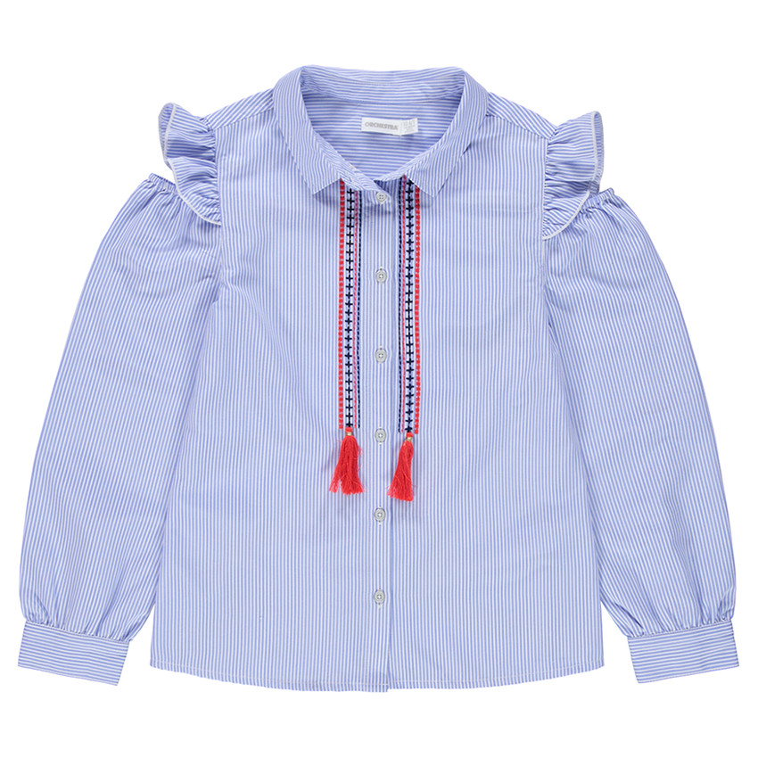 Junior - Chemise manches longues rayée avec épaules ajourées et frises brodées 