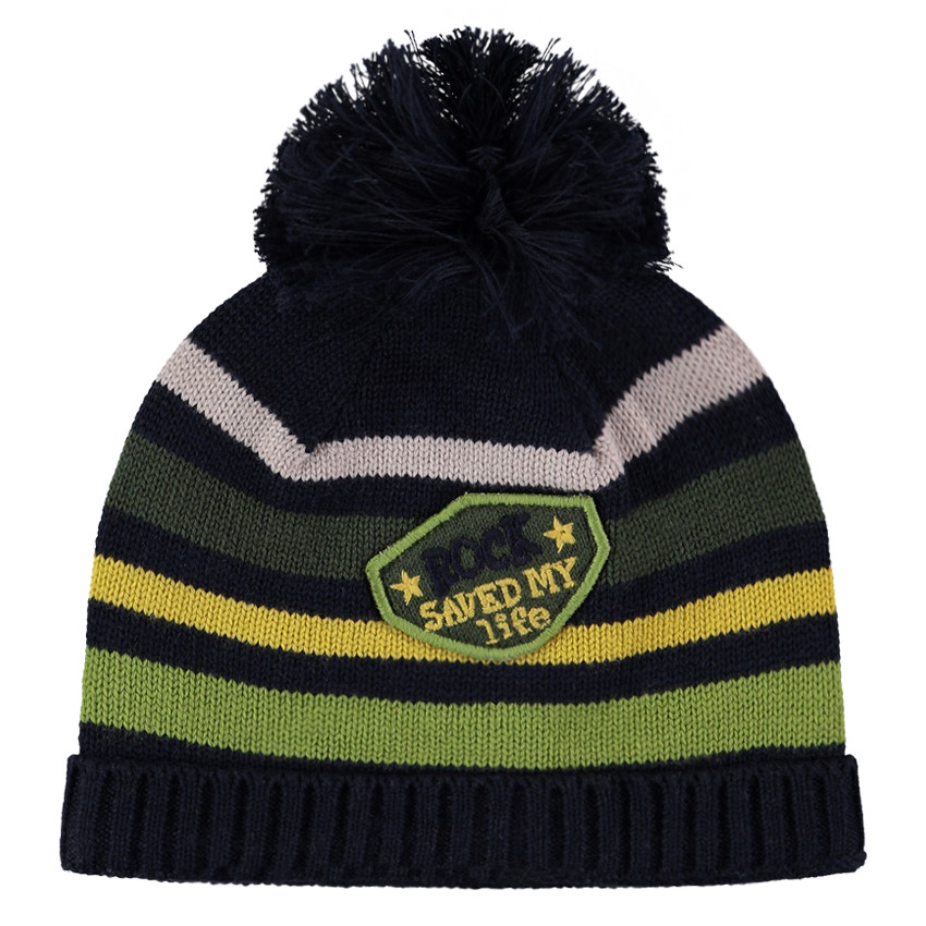 Bonnet en tricot avec rayures en jacquard et pompon 