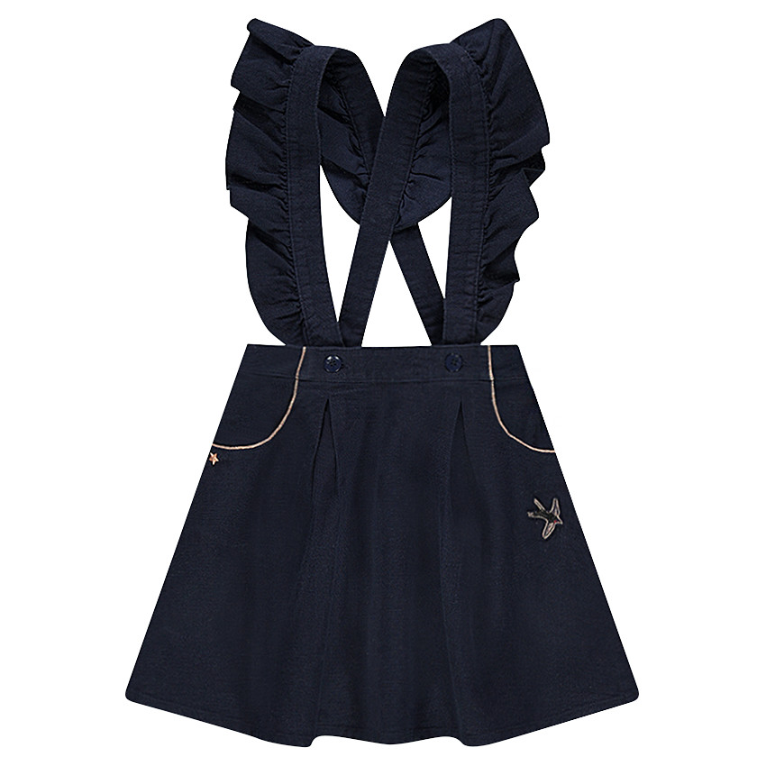 Jupe à bretelles volantées et badge patché forme oiseau 