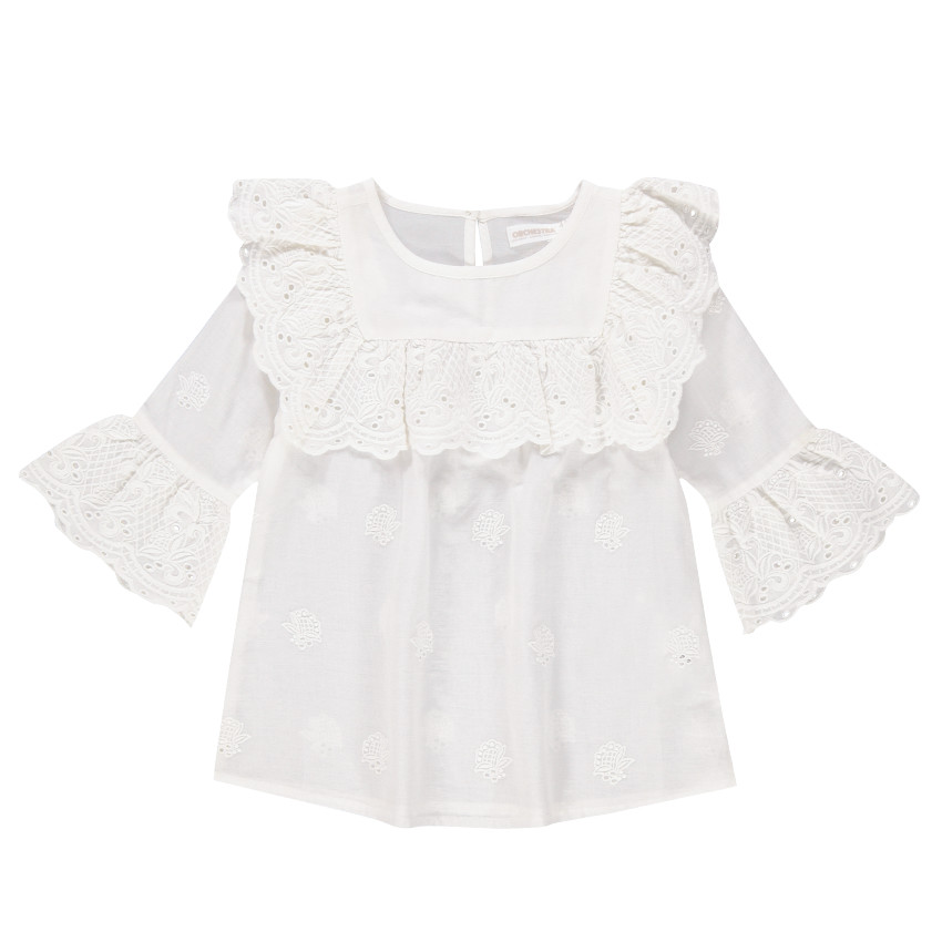 Tunique à manches 3/4 volantée et détails en broderie anglaise 