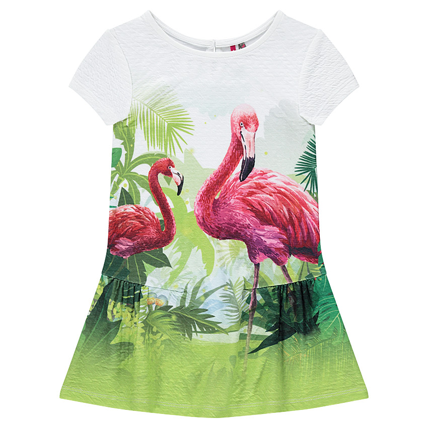 Robe manches courtes en voile de coton avec flamants roses printés 